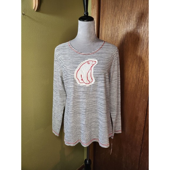 Hue XL NWT Long Sleeve Tee White Black Stripe Polar Bear Red Accent B#4 - Picture 1 of 5
